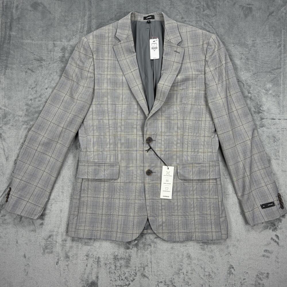 Express Mens Blazer 40R Extra Slim Gray Plaid 4 Way Stretch Wool Sport Coat NWT